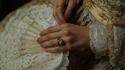 brocade jacket with gold embroidery, showing the intricate patterns, with a hand holding a metallic clutch