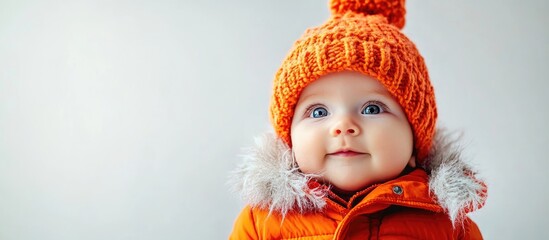 Newborn in Bright Orange Winter Outfit with Cute Hat Smiling Against White Background Perfect for Holiday Gift and Seasonal Promotions