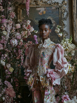 A fashion portrait of a model in a pastel brocade jacket with puffed sleeves