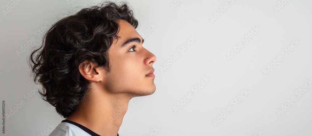 Poster young latino man in profile looking upwards with a neutral background ideal for showcasing products 