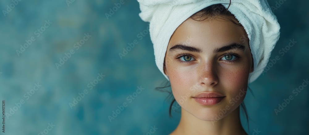 Poster young woman with white towel on head against textured background with empty space for customizable t