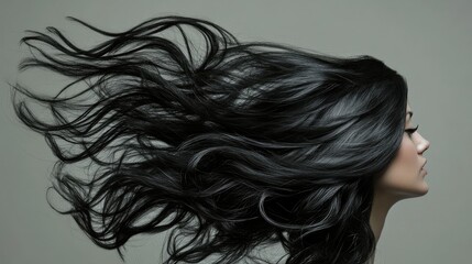 Flowing movement of thick black curls showcasing dynamic texture and elegance in a profile view against a neutral background