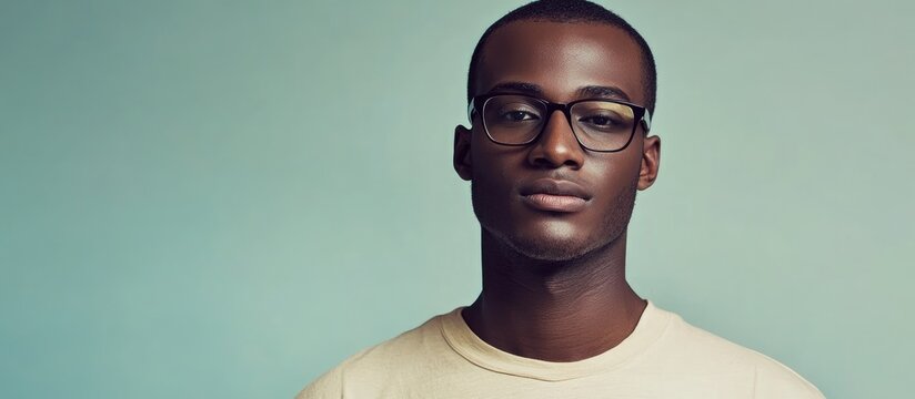 Adult African man wearing glasses posing against a solid background with space for text showcasing confidence and style.