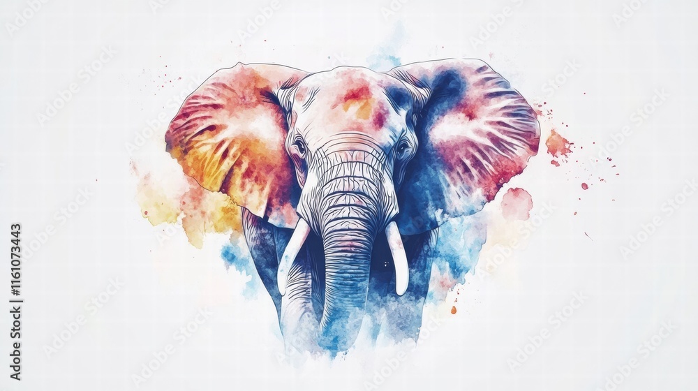 Fototapete illustration of an elephant with colorful watercolor splashes and ample copy space for text placemen