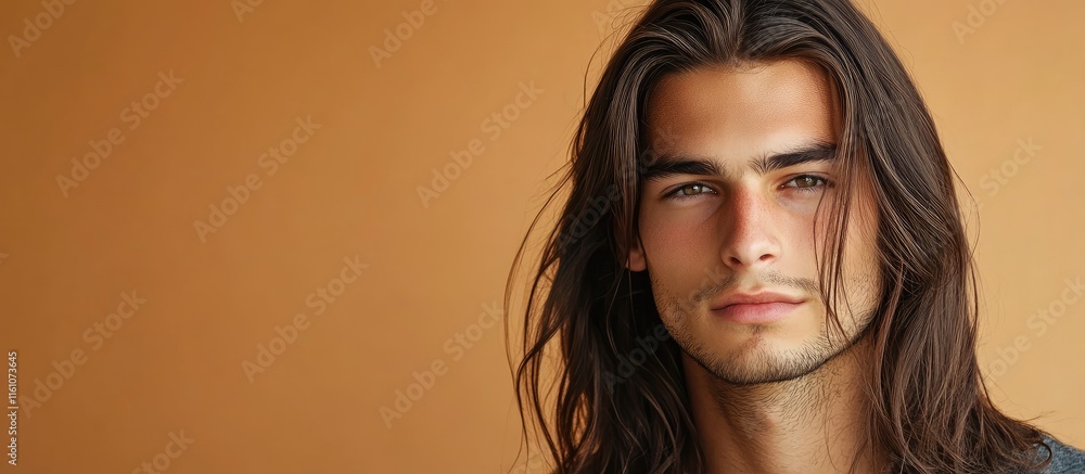 Poster young man with long hair and serious expression against a warm background with ample space for text 