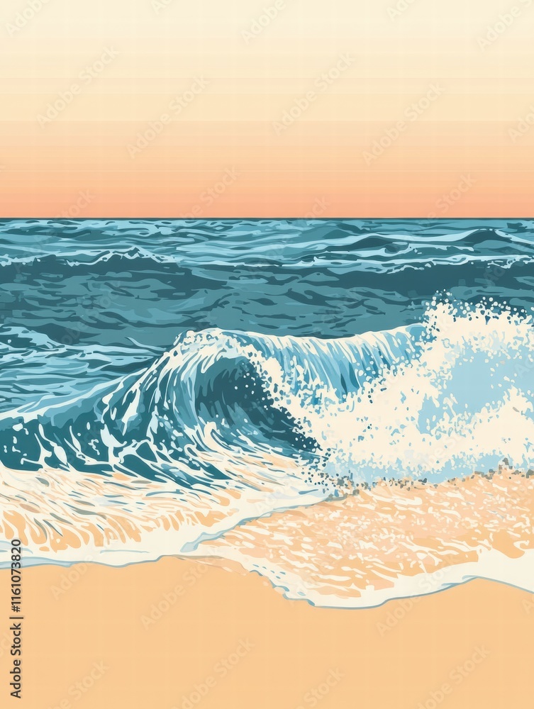 Poster Waves gently rolling onto the sandy shore at sunset with ample space for text or captions. Generative AI