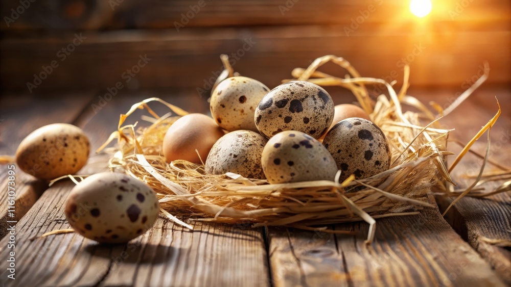 Poster a nest of speckled quail eggs resting on rustic wooden boards in warm afternoon light