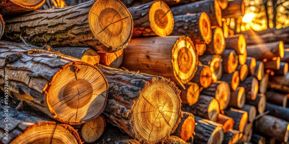 Poster a close-up shot of a stack of logs, with the afternoon sun shining through the cross-sections, highl