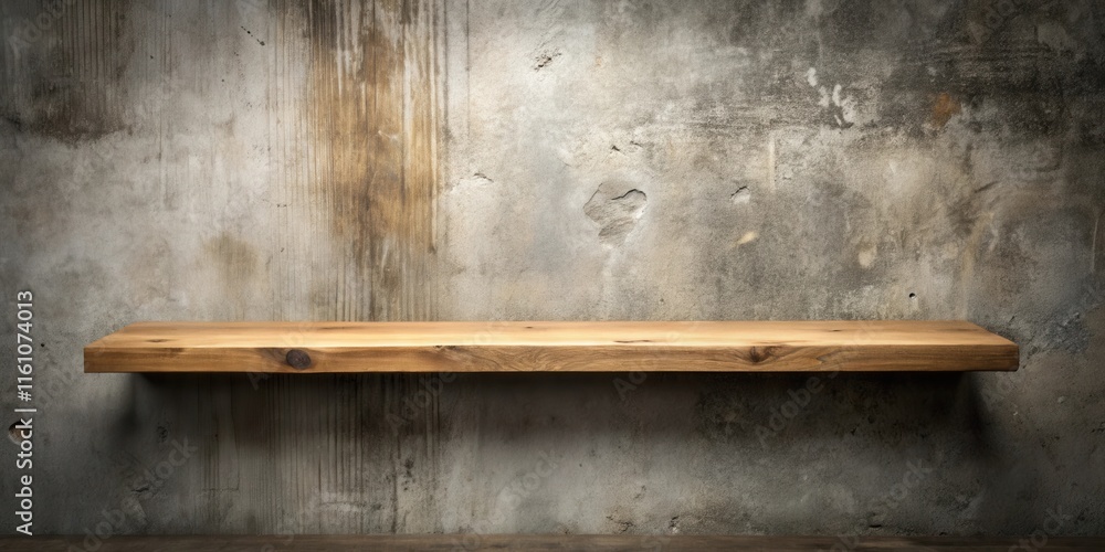 Aufkleber Rustic wooden shelf mounted against a weathered concrete wall, offering a minimalist backdrop for showcasing products or creating a visually appealing display
