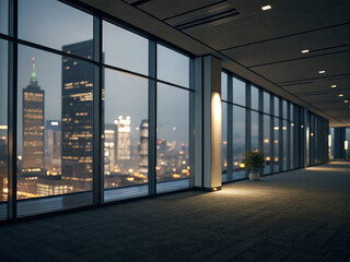 Obraz premium A modern office with glass walls and a luxurious view of the city or buildings outside at night.