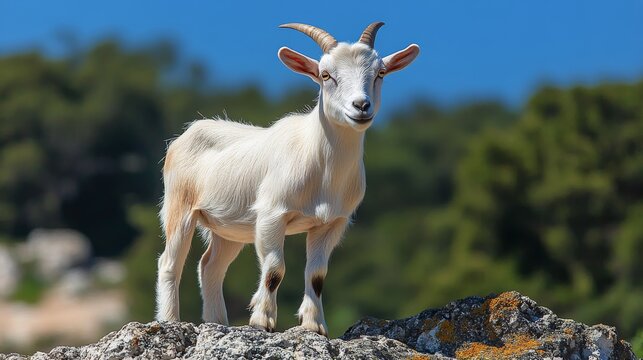 Majestic goat standing on rocky terrain with scenic backdrop during daylight