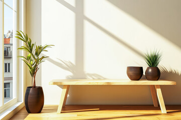 Modern interior design with wooden bench and potted plants in a sunlit room