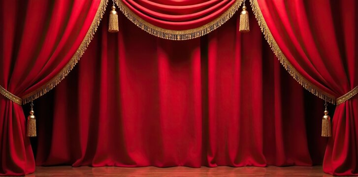 Ornate red curtain with gold trim and tassels, luxurious fabric, red curtain, ornate details