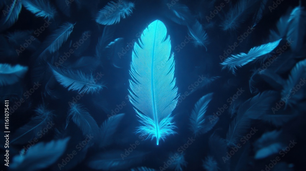 Poster ethereal blue feather surrounded by soft lightweight feathers, creating a dreamlike atmosphere, perf