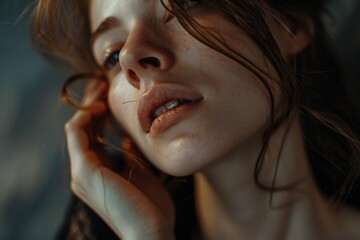 Portrait of young woman with dramatic eye makeup and intense expression, looking off to the side.