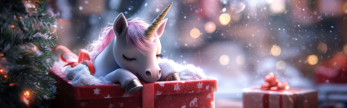 A Unicorn's Christmas Gift - A supercute, realistic unicorn sleeps soundly nestled in a Christmas present, symbolizing magic, wonder, peace, dreams, and the festive season.