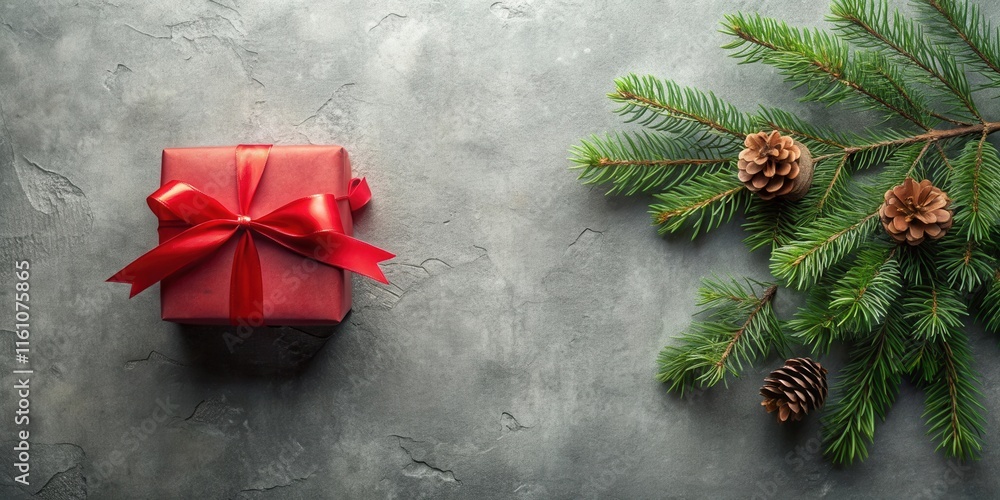 Aufkleber a festive christmas gift wrapped in red paper with a red ribbon on a rustic stone background with pi