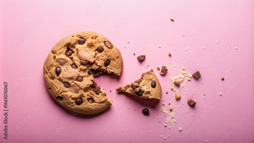 Poster A partially eaten chocolate chip cookie with crumbs on a pink background.  The crumbs are scattered in a random pattern, suggesting the cookie was enjoyed recently.