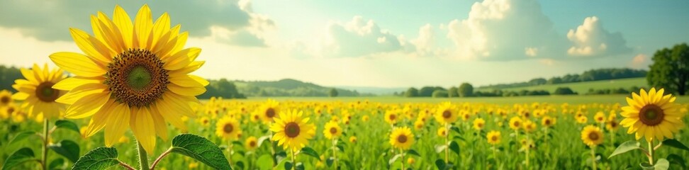 Obraz premium Large sunflower blooms against lush green grass and other blooming flowers, field, wildflowers