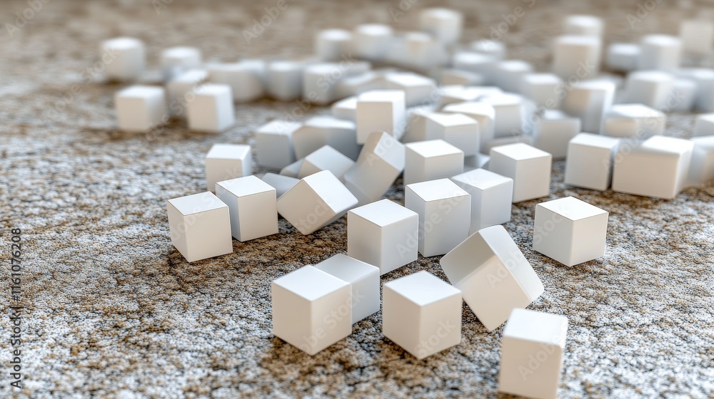 Poster abstract white cubes scattered on textured surface - white cubes scattered on a textured surface; sy