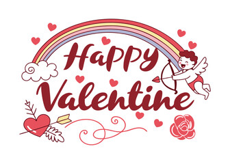 Happy Valentines Day Typography Lettering Text, Handwritten valentine vector art illustration, Happy Valentine day greeting card calligraphic illustration isolated on white background.