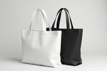 Two minimalist tote bags, one white and one black, on a light gray background, with long handles and no visible logos or design elements.