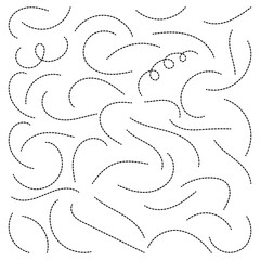 Hand drawn squiggly dashed, dotted lines, curved lines. Set of long dashed hand drawn squiggle, loopy lines. Vector illustration.