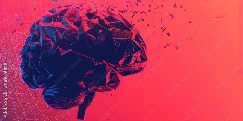 Aufkleber 3d rendering of human brain in motion with digital connections and fractals exploding around it, sym