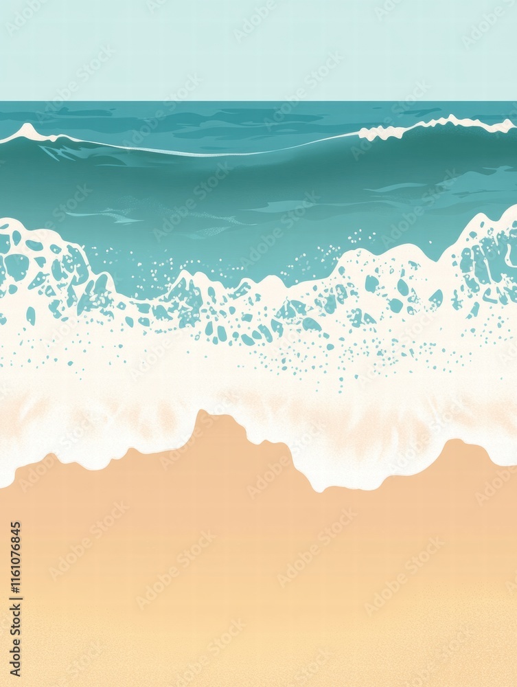 Aufkleber Soft waves gently crash on the golden shore with a tranquil beach view and ample space for text placement. Generative AI