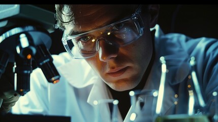 A scientist wearing a lab coat, goggles, and gloves is examining samples under a microscope in a laboratory setting.