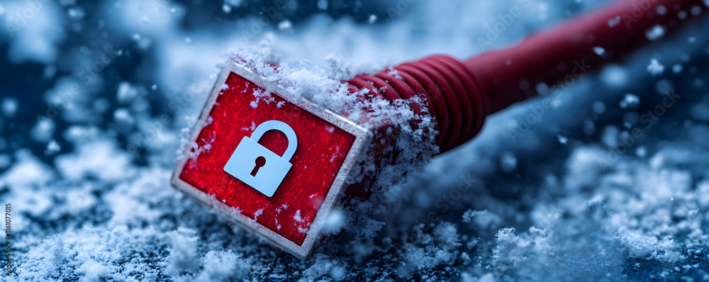 Poster red cube with padlock icon in snow, symbolizing frozen data or winter security breach.