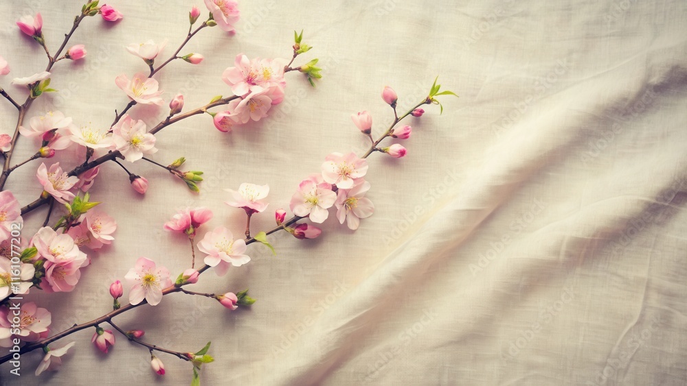 Poster Delicate pink blossoms arranged on a soft, textured fabric surface, creating a gentle and serene composition.