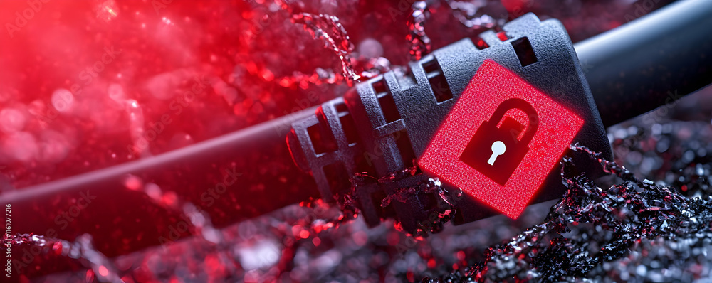 Poster cyber security data protection. red padlock icon on dark cable with splashing water effect.