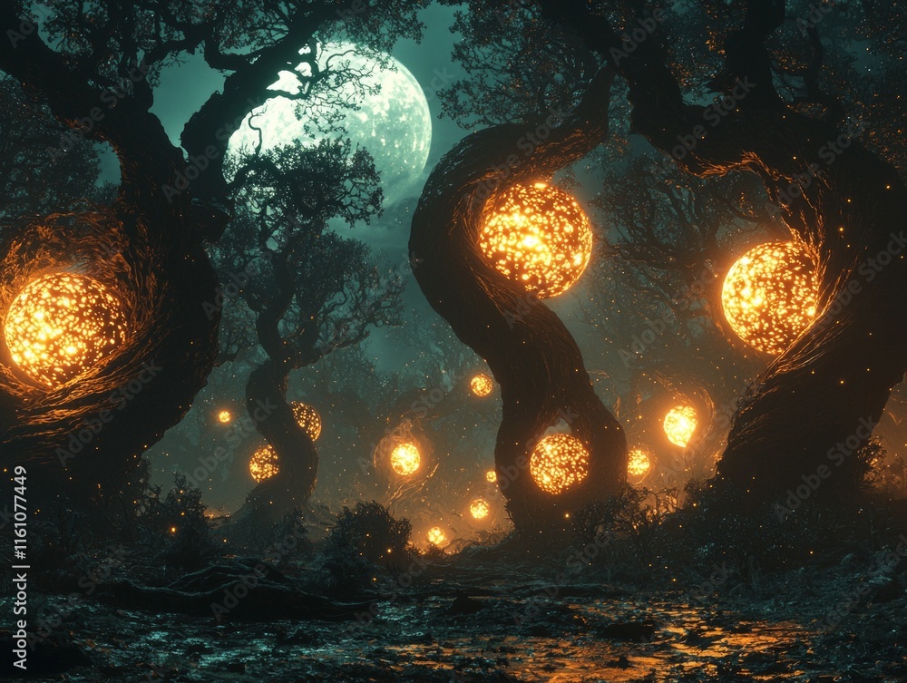 Poster in enchanting forest trees twist into impossible spirals while glowing fruit hangs from their branch