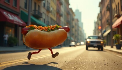 Hot dog on stick escapes chubby pursuer down deserted street , overweight, food
