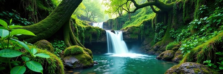 Emerald waterfalls cascade down mossy ancient tree trunks, greenery, wilderness, rainforest