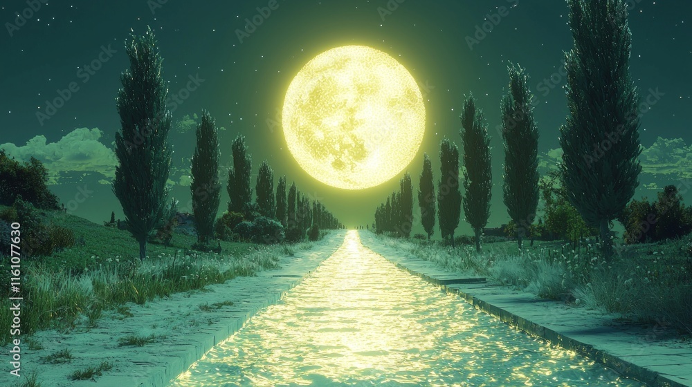 Poster river flows upward into starry night sky shimmering surface while moon glows brightly above. surroun