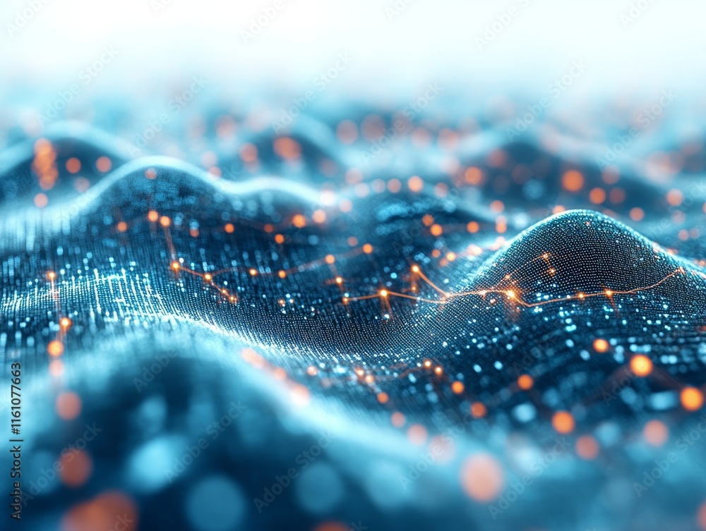 Poster abstract digital landscape with glowing particles and wave-like structures.