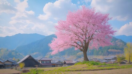 A magnificent and beautiful cherry blossom tree standing alone, with a peaceful and beautiful view...