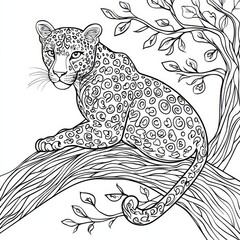 Obraz premium Leopard in a Tree: A detailed line drawing of a regal leopard perched on a tree branch, its intricate spots and powerful gaze captivating the viewer. Perfect for coloring books, nature-themed designs.