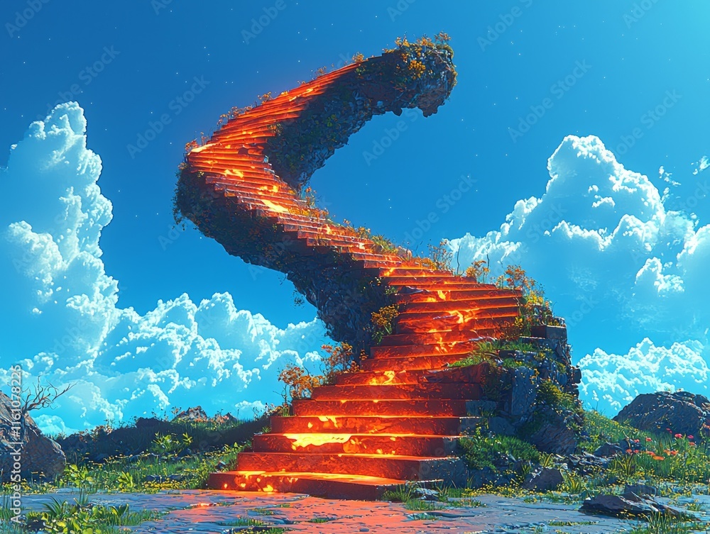 Aufkleber surreal staircase rises into sky twisting into impossible loops while vanishing into glowing void. b