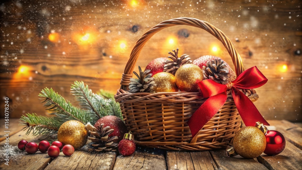 Poster a festive basket filled with sparkling ornaments and pine cones, decorated with a red ribbon, nestle