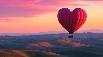 Fototapeta premium A whimsical heart-shaped hot air balloon ride over rolling hills with pink skies at sunset.
