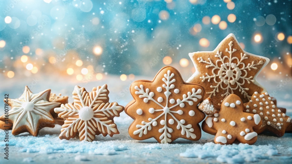 Poster gingerbread cookies adorned with delicate snowflake designs, nestled in a winter wonderland of spark