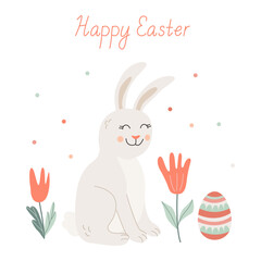 Happy Easter greeting card with a cute smiling bunny with an easter egg and flowers. Vector illustration and letteringin hand drawn flat style, pastel colors