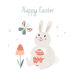 Happy Easter greeting card with a cute smiling bunny with an easter egg, a butterfly and flower. Vector illustration and lettering in hand drawn flat style, pastel colors