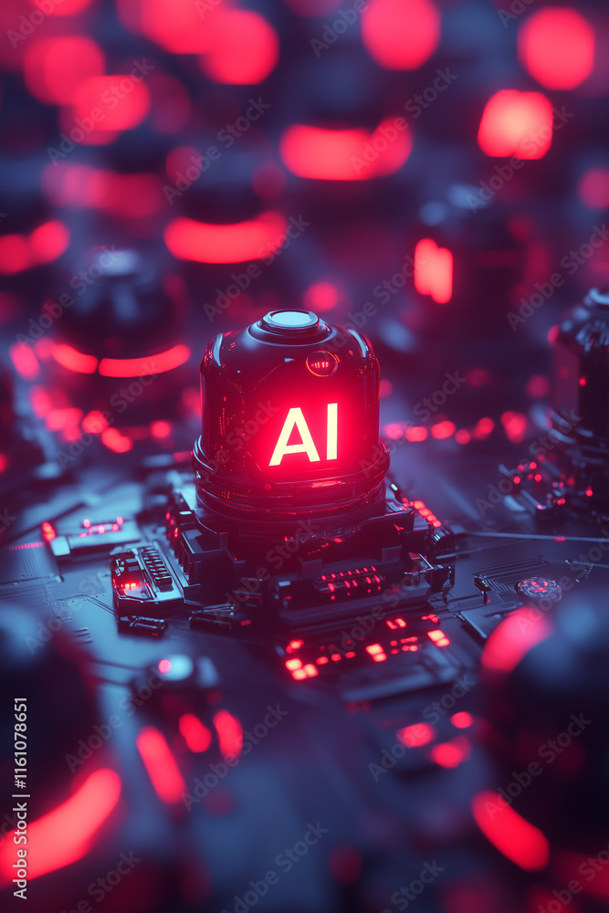 Poster ai chip glowing in red lights, surrounded by network of similar chips, showcasing advanced technolog