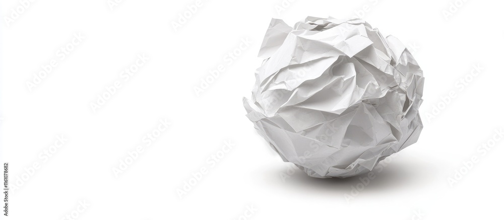 Poster crumpled white paper ball isolated on white background with space for text or graphics