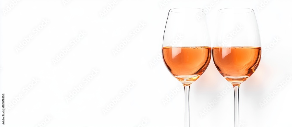 Poster two elegant wine glasses filled with rosã© on a white background with ample space for text and desig