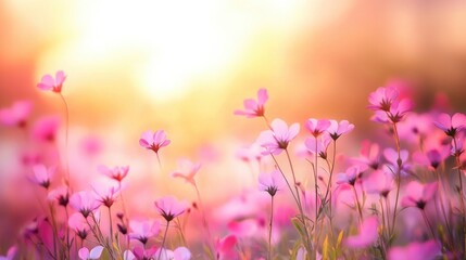 Soft Pink Flowers in Warm Sunset Light Delicate Hydrangea Blossoms with Golden Glow Creating a Dreamy Floral Background